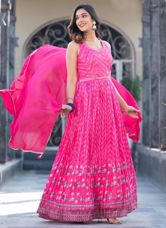 Soft Dola Pink Festival Wear Mirror Work Readymade Gown With Dupatta